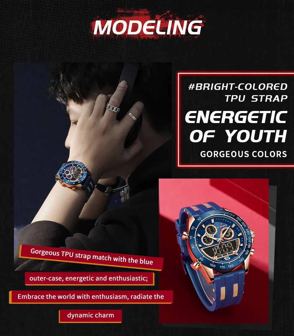 NAVIFORCE Модные светодиодные часы Мужские лучший бренд класса люкс синие резиновые