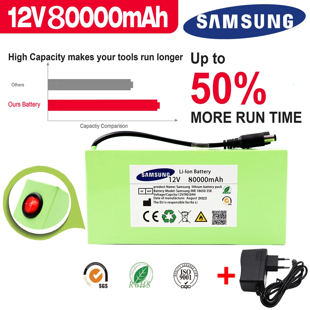 

2022 Brand New 12V 80Ah Li-Ion Battery Pack 18650 with 12.6V Charger DC Bus Head Wired for Wireless Transmitter, CCTV, Camera