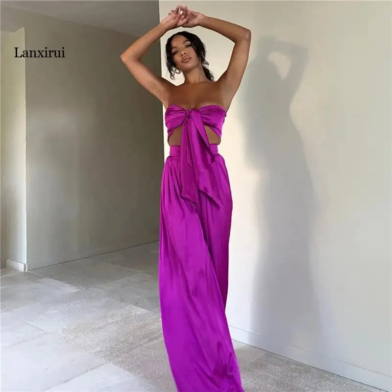 

Satin Two Piece Pants Set Sexy Outfits For Woman 2022 Summer 2 Piece Going Out Club Outfits Crop Top Trouser Suits Purple Pink