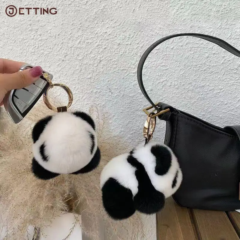 

1PCS Cute Panda Car Keychain Natural Rex Rabbit Fur Keychains Keyring Bag Pendant Fur Keychains Keyring Bag Pendant
