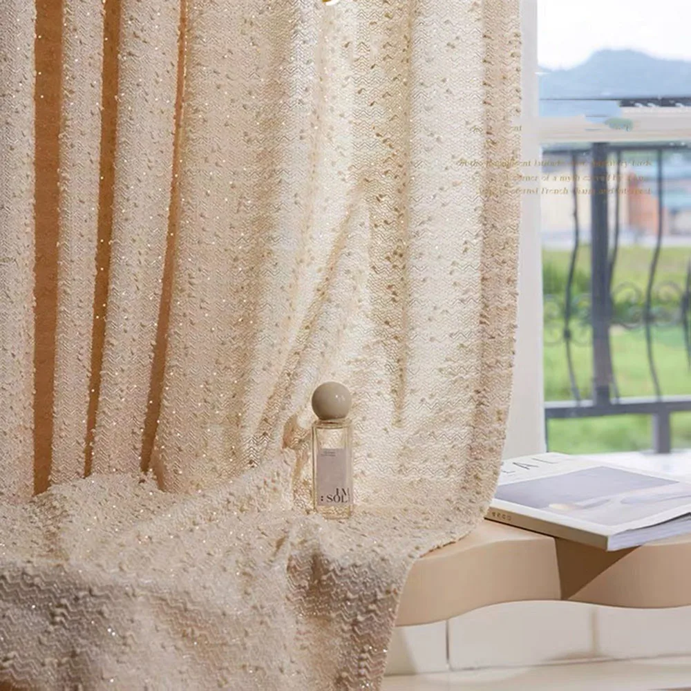 

New French Silver Line Texture Gauze Curtain Cream Coffee Solid Thickened Girl Tulle Curtain For Living Room Bedroom Custom