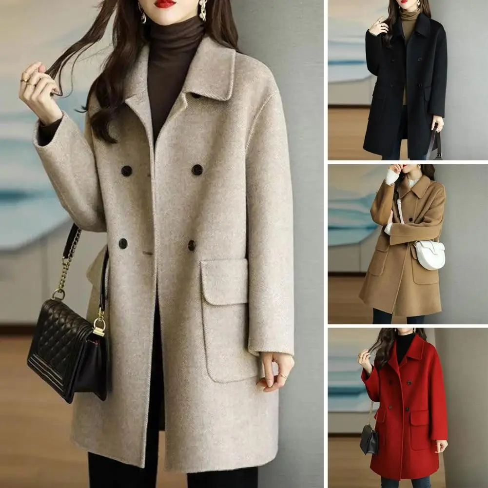 

Trendy Women Overcoat Ultra-Thick Lapel Collar Polyester Fashionable Women Mid-Long Winter Woolen Coat Women Outwear Keep Warm