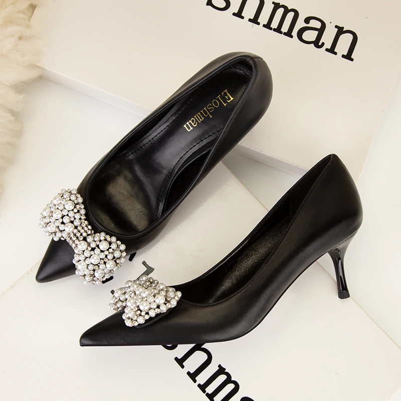 2022 Wedding Shoes Women Elegant Pointed Toe Pearl Bowknot Pumps Pu Shallow Fashion High Heels Shoes Party Office Shoes Woman