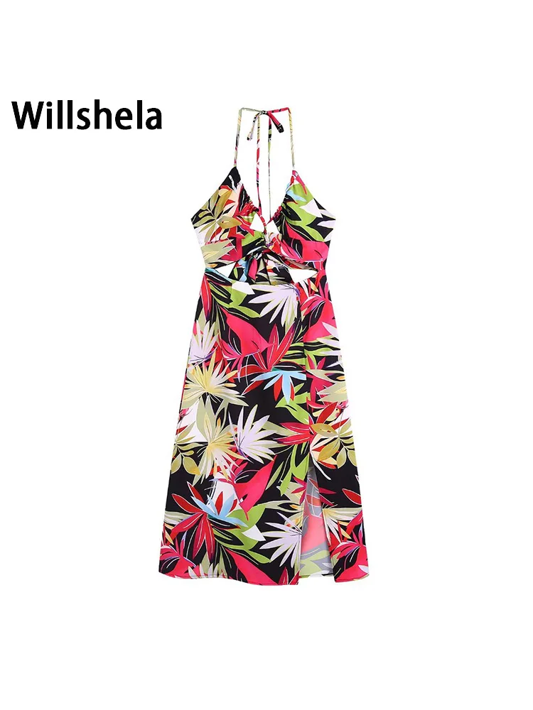 

Willshela Women Fashion Printed Hollow Out Backless Zipper Side Slit Midi Dress Vintage Thin Straps Halter Neck Female Dresses
