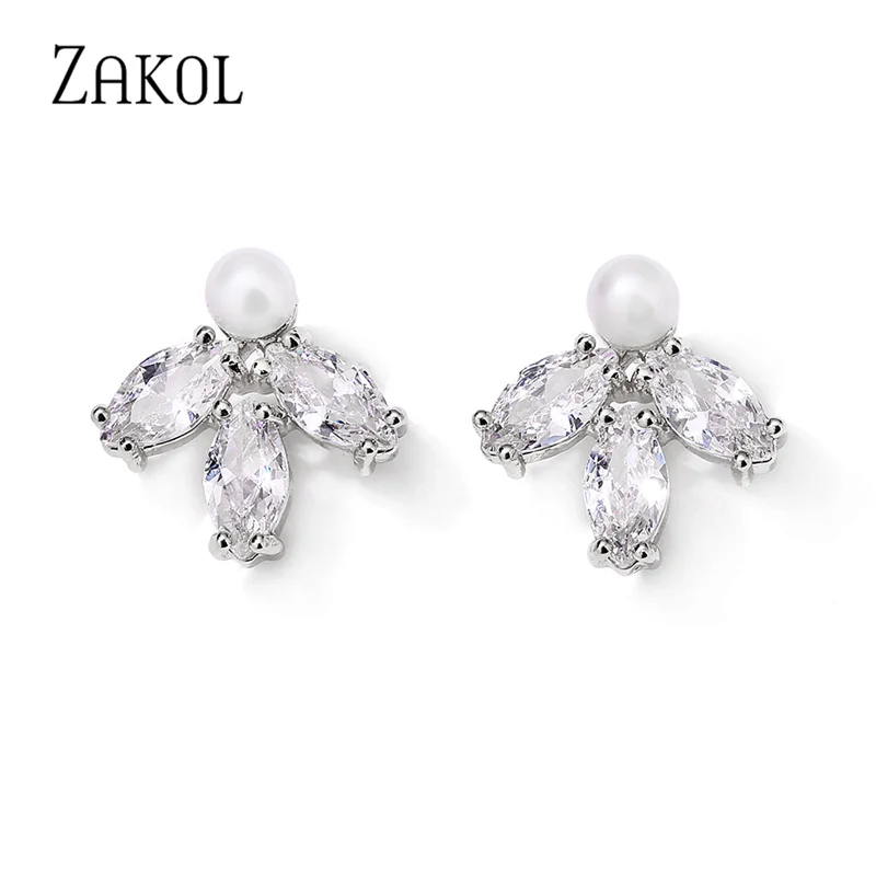 

ZAKOL Simple Fashion Leaf Female Cubic Zircon Stud Earrings for Women Girl Bridal Wedding Active Dangle Style Gifts EP2497