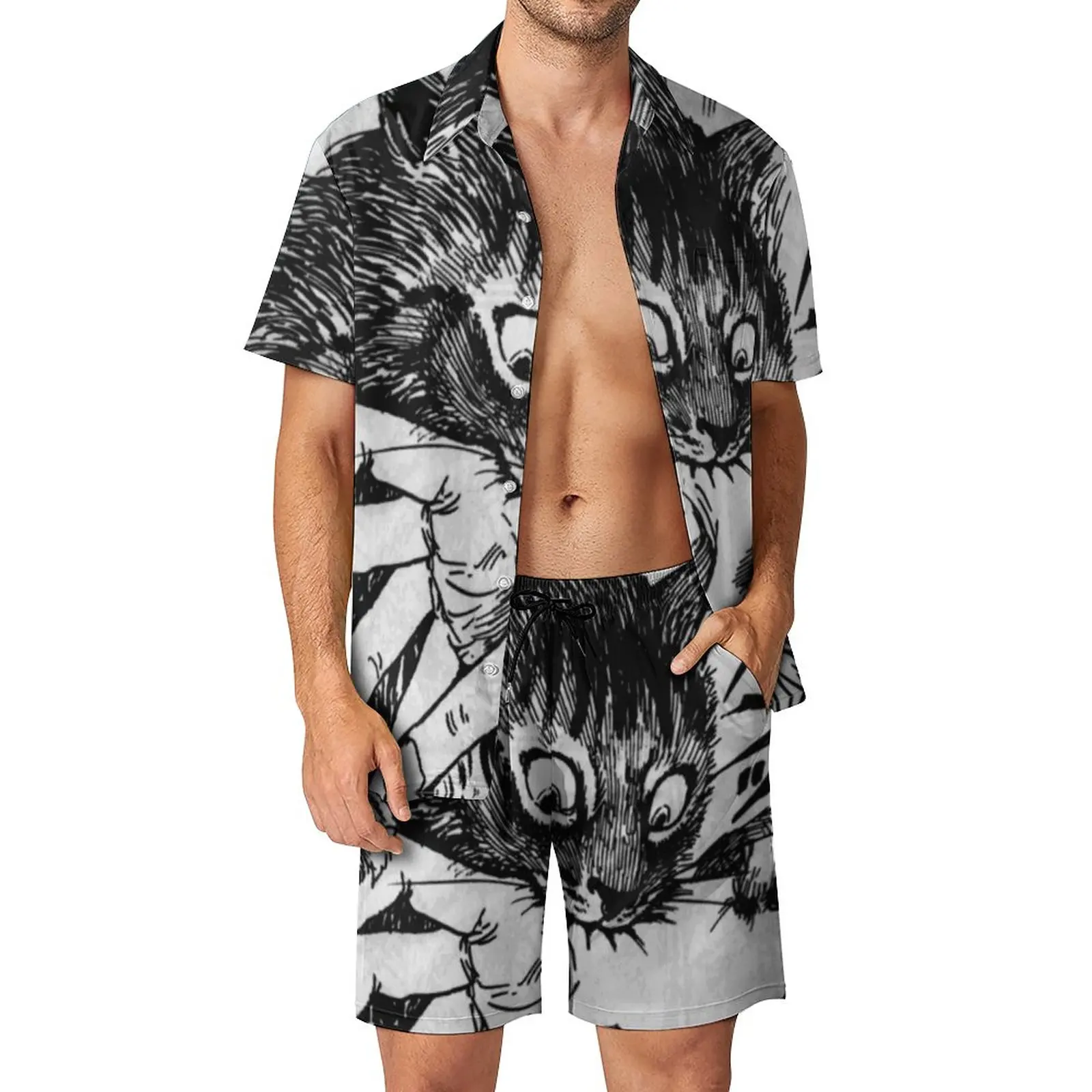 

Костюм мужской из 2 предметов, Повседневная рубашка и шорты с принтом кошки кусающей руку и сумасшедшего кота, цвет черный/белый, летняя пляжная одежда 3XL