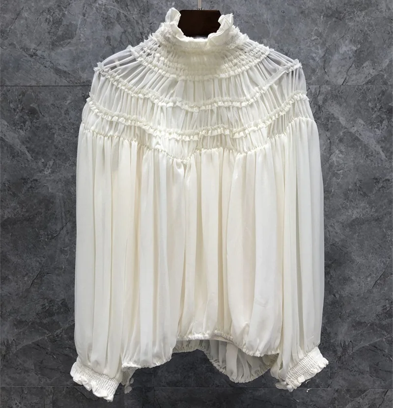 

2022 Spring Fashion Silk Blouses High Quality Women Ruffle Collar Pleated Deco Long Sleeve Elegant White Blouse Vintage Tops