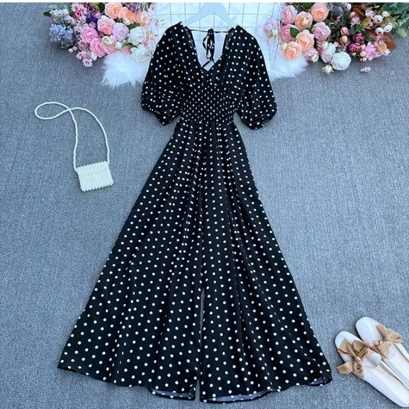 Офисный женский комбинезон широкие брюки полной длины с украшением на шнуровке