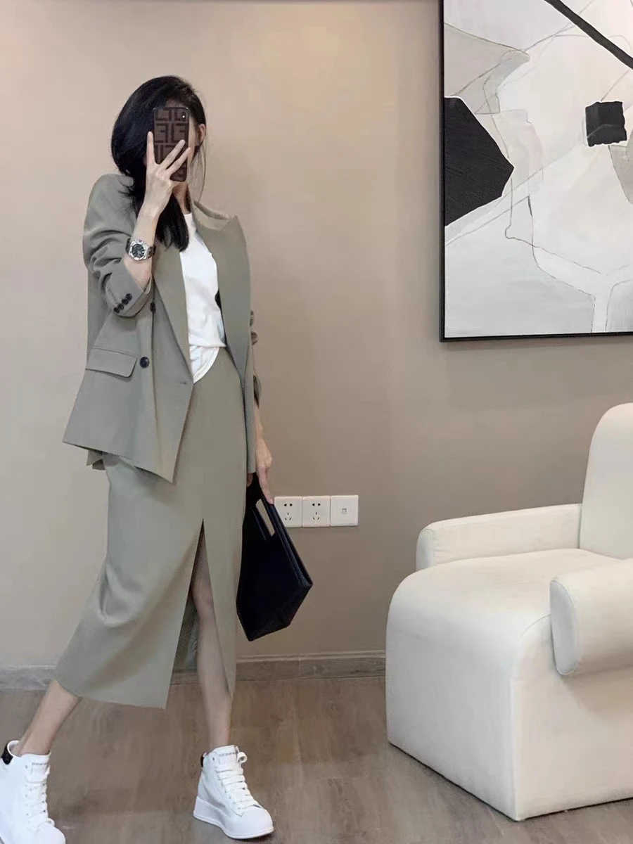 

UNXX 2023 Early Autumn Minimalist Hong Kong Retro Chic Career Blazer Midi Skirt 2 Piece Set Women High Quality Office Lady Girl