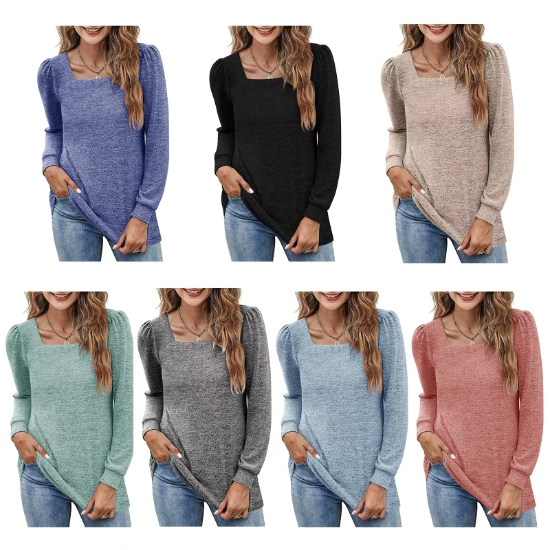 

Женские рубашки с длинным рукавом-фонариком, однотонная туника с квадратным вырезом, блузка, уличная одежда