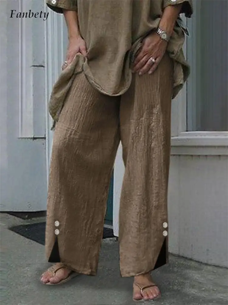 

2022 Summer Women Casual Elastic Waist Loose Pants Fashion Button Design Wide Leg Long Pant Female Cotton Linen Trouser Clothing