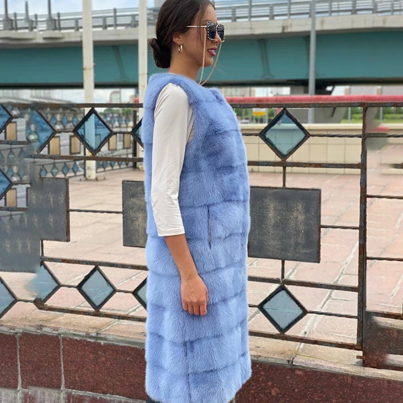 Sleeveless Light Blue Mink Fur Vest Long Style Women Luxury Cozy Genuine Mink Fur Outertwear Lady Autumn Winter Jacket Female