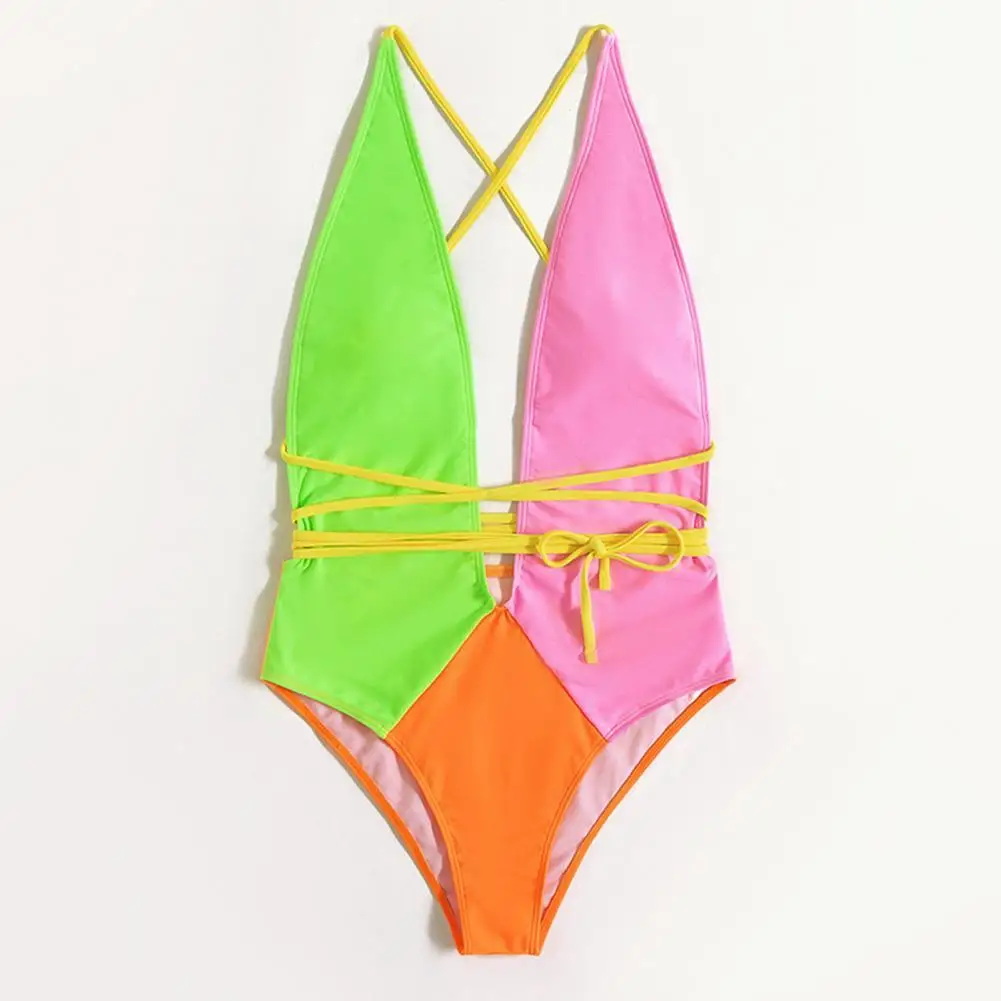 

Stylish Fashion Patchwork Lady Summer One-piece Strap Bikini Women Swimsuit Polyester High Waist