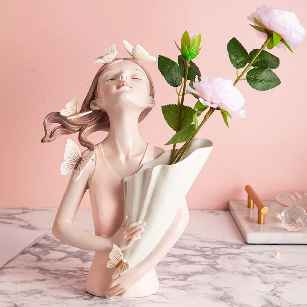 

Modern Decorative Artificial Flower Vase Butterfly Girl Sculptures Interior Home Resin Ornaments Household Decoration Vases Hot