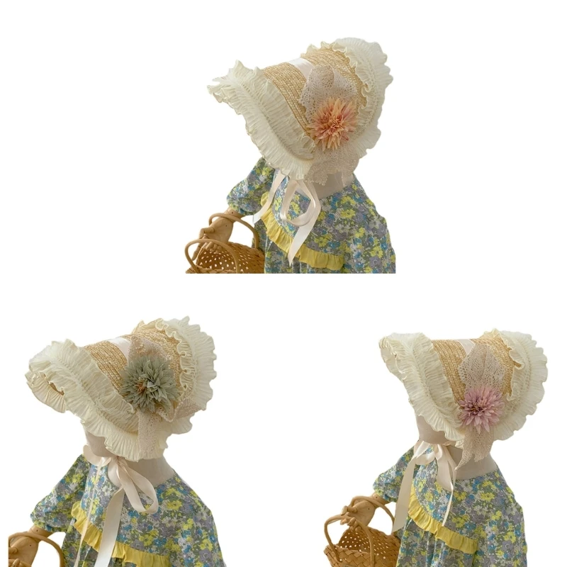 

2023 New Girl Protective Hat French-Style Princess Hat Breathable Lace-up Straw Cap Wide Brimmed Hat Girls Summer Headdress