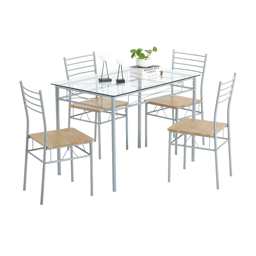 

[110 x 70 x 76cm] Iron Glass Dining Table and Chairs One Table and Four Chairs PU Cushion