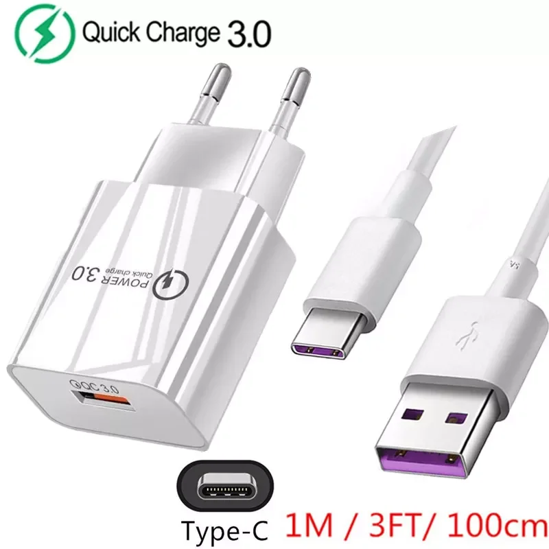 

18W 5A Fast Charger QC 3.0 USB Charger Quick Charge Type C Cable for Huawei Samsung Xiaomi Redmi Google Pixel 6 Pro EU US Plug