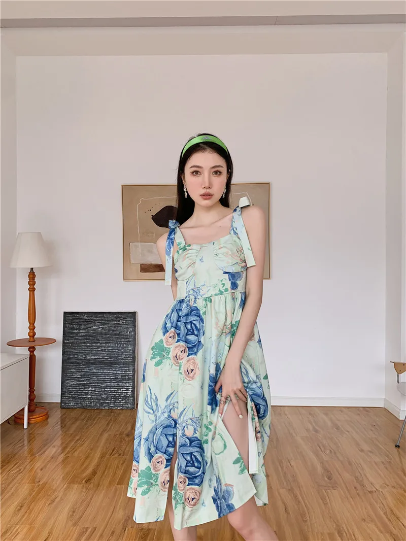 

SuperAen 2022 Summer Floral Printing Waist Slim High Waist A-line Square Collar Spaghetti Strap Dresses for Women