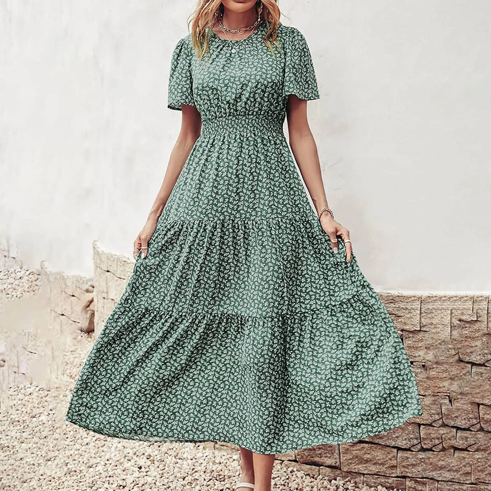 

2022 New Fashion Women's Summer Casual Long Dresses Print Round-Neck Short Sleeved Ankle-Length vestidos largos mujer