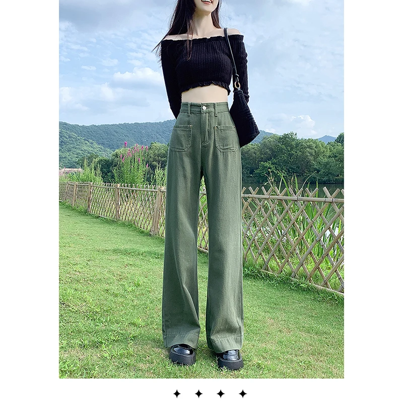 Real time high waisted jeans for women in 2023 high street spring and summer army green loose fitting wide leg pants