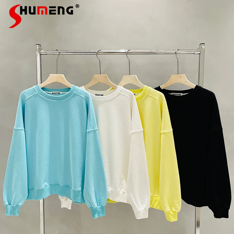 

Loose Solid Color Round Neck Long-Sleeved Sweatshirt for Women 2022 Spring and Autumn New Versatile Thin Hoodie Ladies