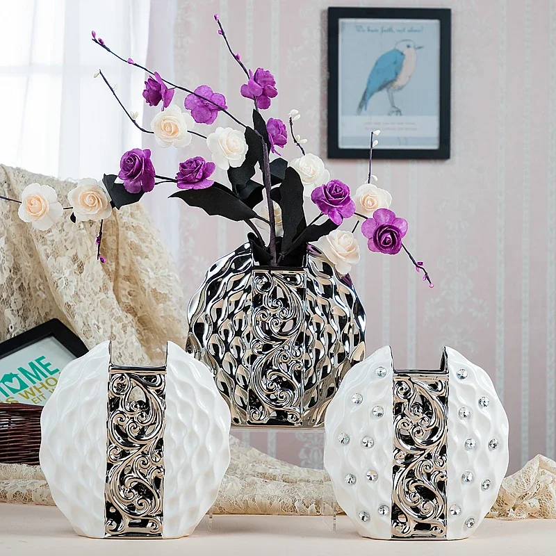 

Современная керамическая ваза в виде простоты, Ручная инкрустация, покрытие, белая/серебряная композиция, вазы для цветов, украшение для дома и свадьбы