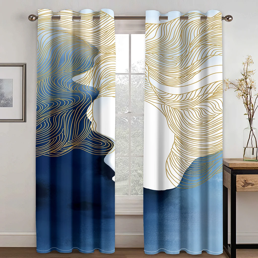 

3D Blue Geometry Abstract Art Line Design Modern Free Shipping 2 Pieces Thin Window Drape Curtain for Living Room Bedroom Decor
