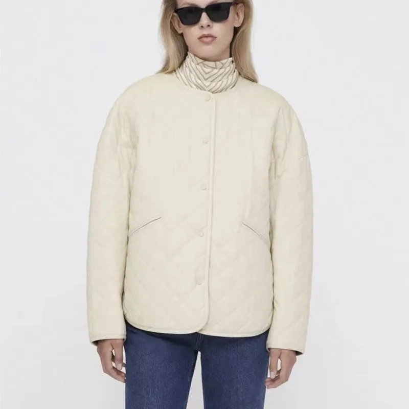 Coat Cotton Canvas Autumn And Winte New Short Front And Back Long Rhombus Check Short Round Neck Button Cotton Jacke Ins Fashion