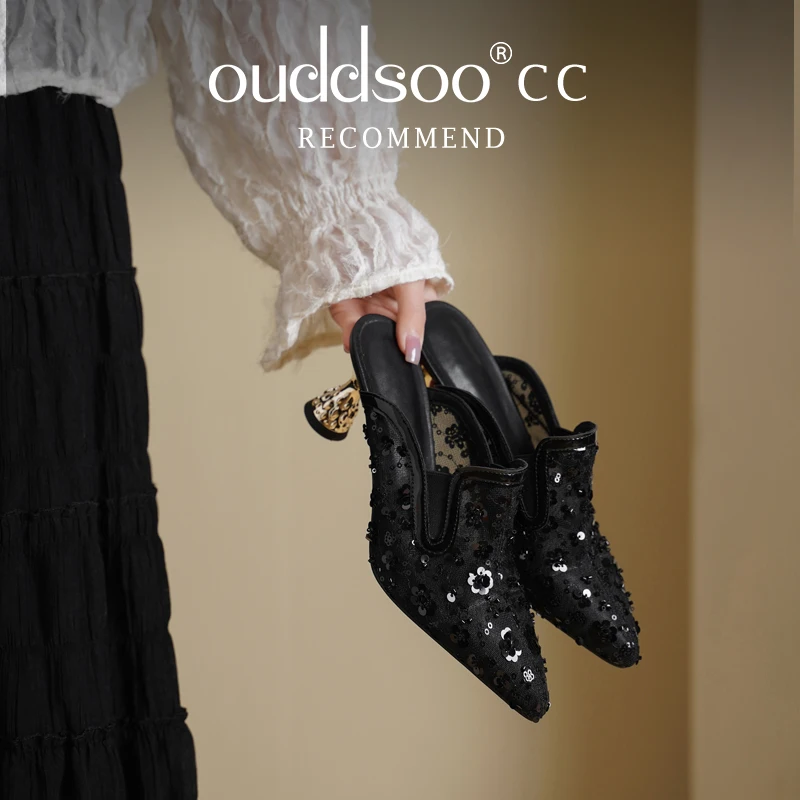 Фото Женские черные мюли ODS из сетки с пайетками и цветочным узором, с металлическим резным каблуком и заостренным носком, для арабских свадеб, праздников Ид, вечерних нарядов, абайи, кафтанов. №1