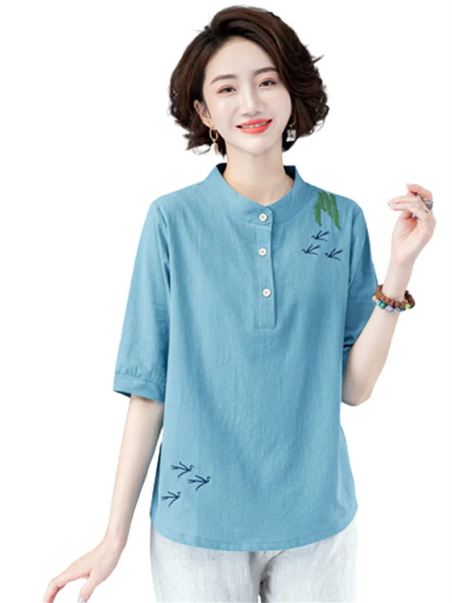 

Women Spring Summer Blouses Shirts Lady Fashion Casual Half Sleeve V-Neck Collar Hemp Cotton Blusas Tops WY0428