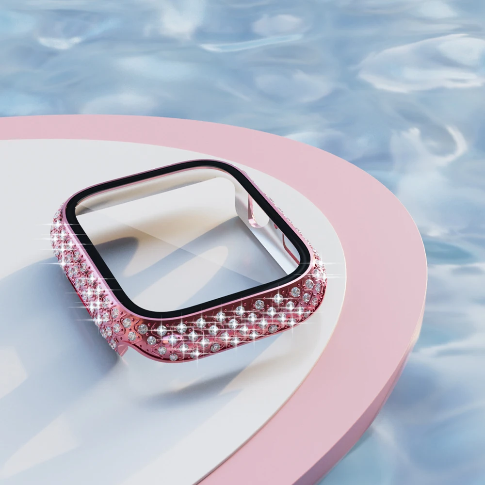 Diamond Watch Case Built-in Tempered Glass for Apple Watch 8 7 41mm 45mm PC Screen Protector Bumper Tempered iwatch Accessories