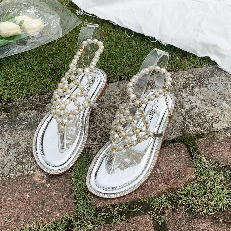 Сандалии женские с мягкой подошвой универсальные туфли жемчугом плоская подошва