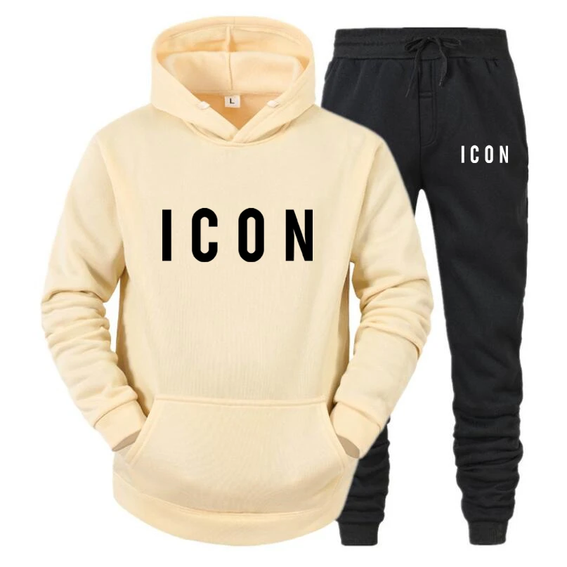 

New 2 Pieces Sets Tracksuit ICON Print Men Hooded Sweatshirt Pants Pullover Hoodie Sportwear Suit Casual Sports Men Clothes 3XL