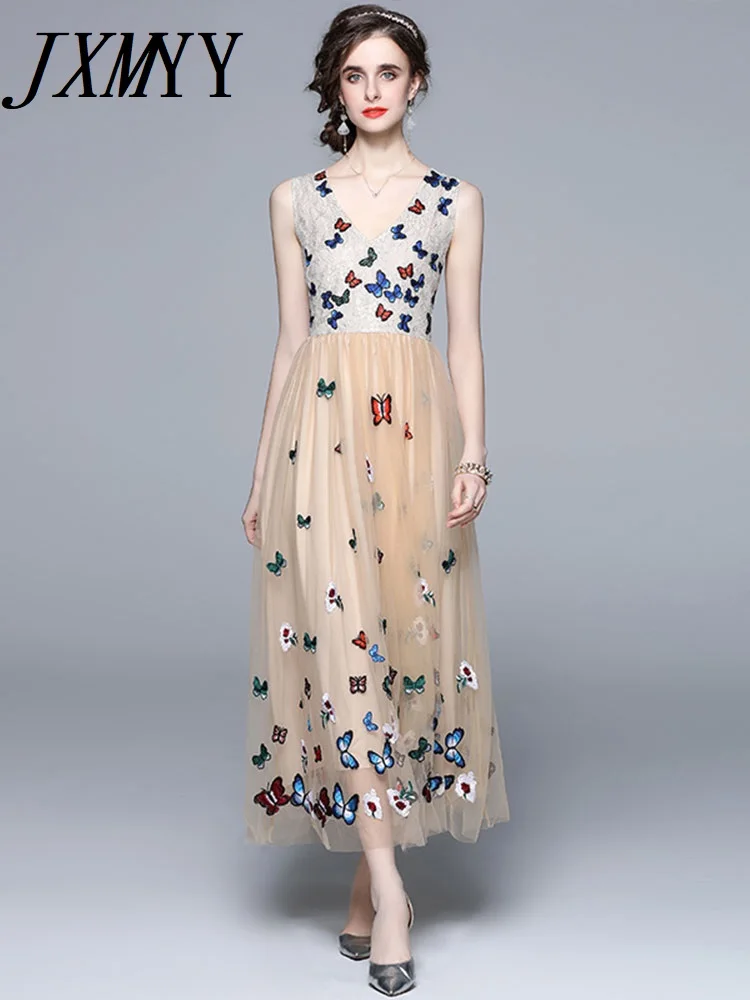

JXMYY 2022 Summer New Fashion Women's Lace And Mesh Yarn Heavy Industry Embroidery Flower Butterfly V-Neck Waist Dress