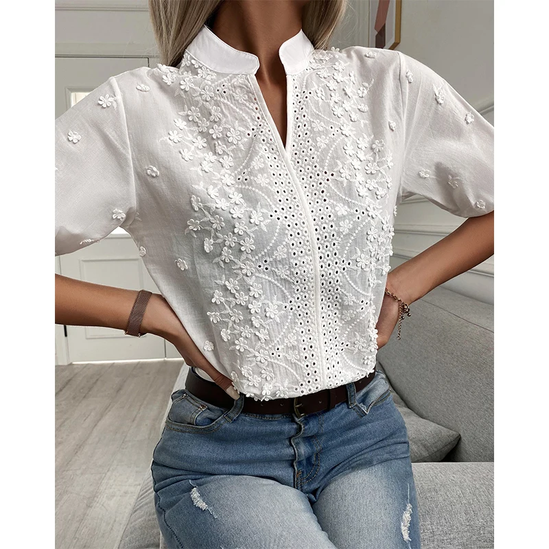 Unique Hollowed Out Embroidery White Top Cotton Shirt Flower Pattern Decoration V-neck Casual Lace Half Sleeve Women's