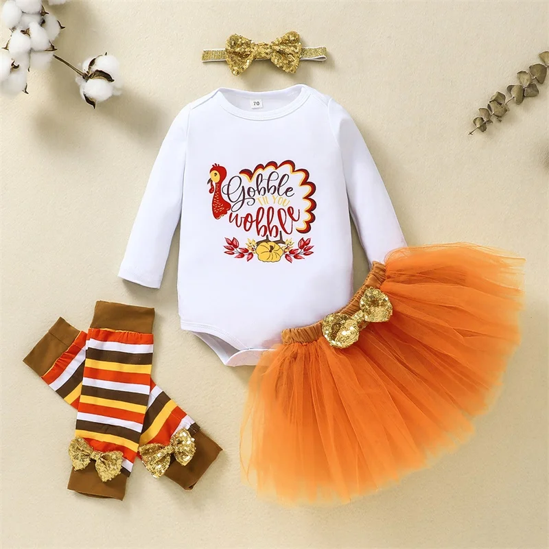 

My 1st Thanksgiving Baby Girl Outfits Long Sleeve Turkey Romper with Tutu Skirt Shorts Leg Warmers Headband 4Pcs Set