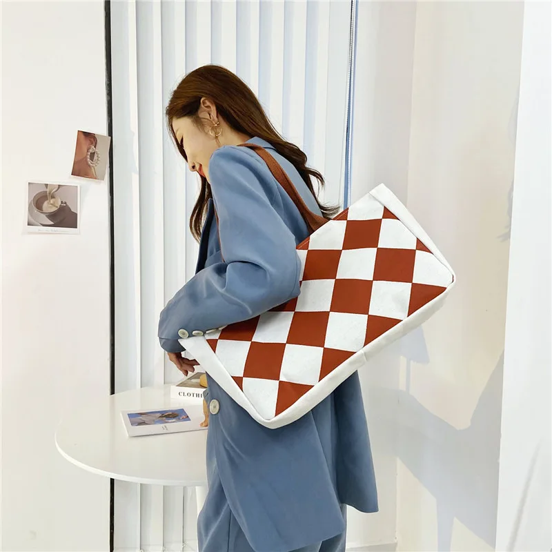 

Simple Fashion Large Zipper Canvas Handbag for Women Retro Grid Checkerboard Tote Bag Female Shopping Shoulder Bag Korean Style