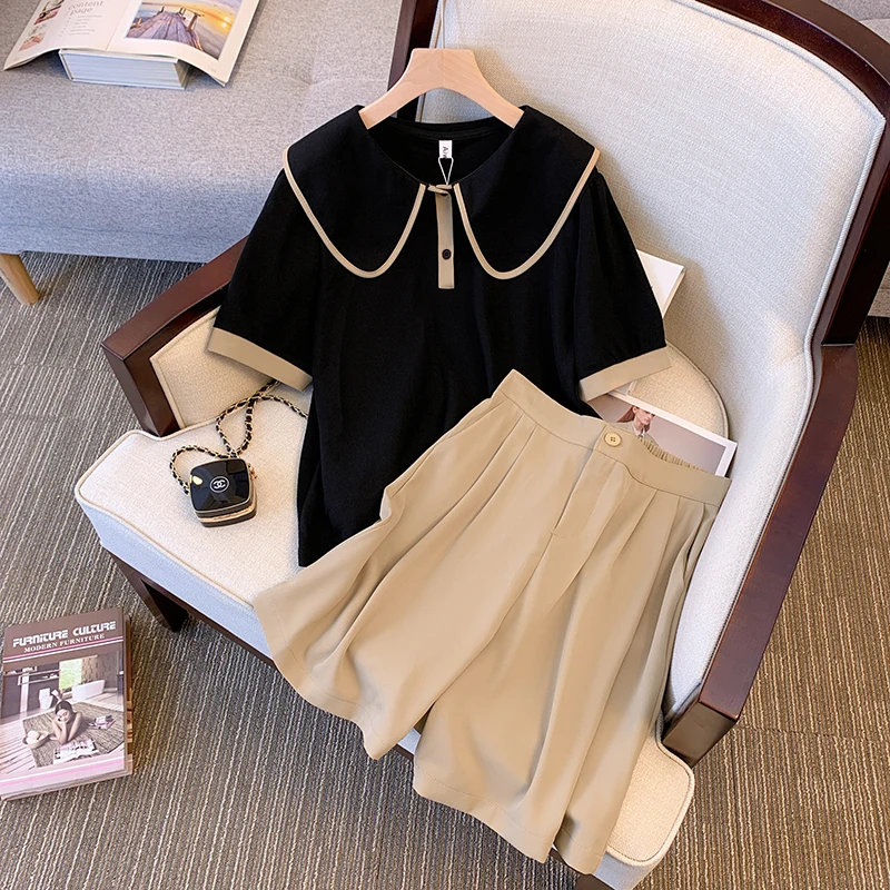 

Suit Shorts With Ladies T-Shirt And Elastic High Waist Pant Loose Oversized Summer Two Piece Ladies Classic Activewear Casual