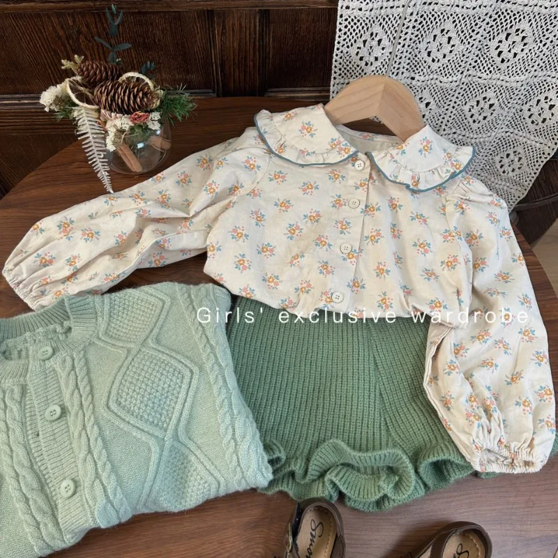 

Комплект из трех предметов для девочек, кофта с отложным воротником и короткие штаны, модная универсальная уличная одежда, весна-осень