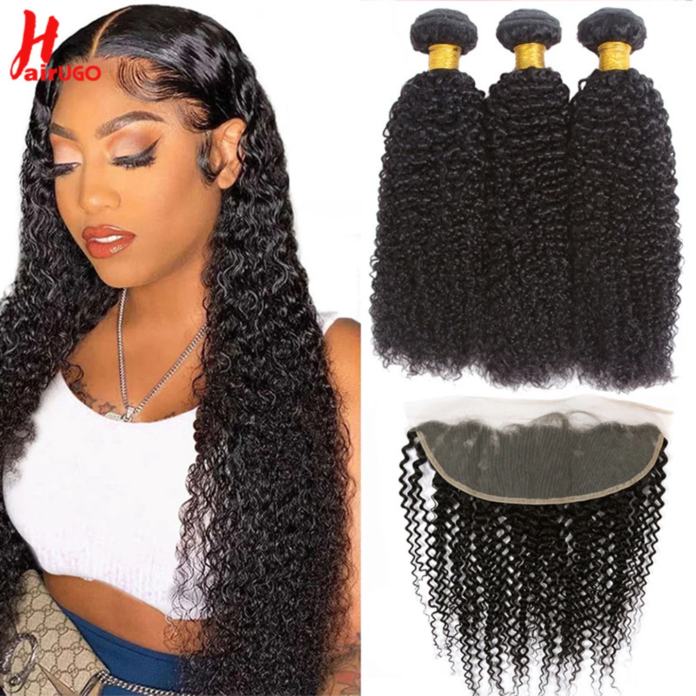 HairUGo Brazilian Hair Bundles With Frontal Non-Remy Kinky Curly 13*4 Lace Front With Bundles Human Hair Extension Bundles Weave