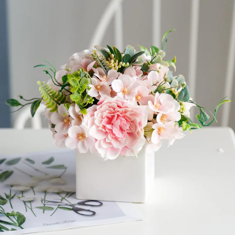 

Искусственные цветы с керамической вазой, садовый кавайный декор для комнаты, Свадебный букет невесты, цветочные украшения