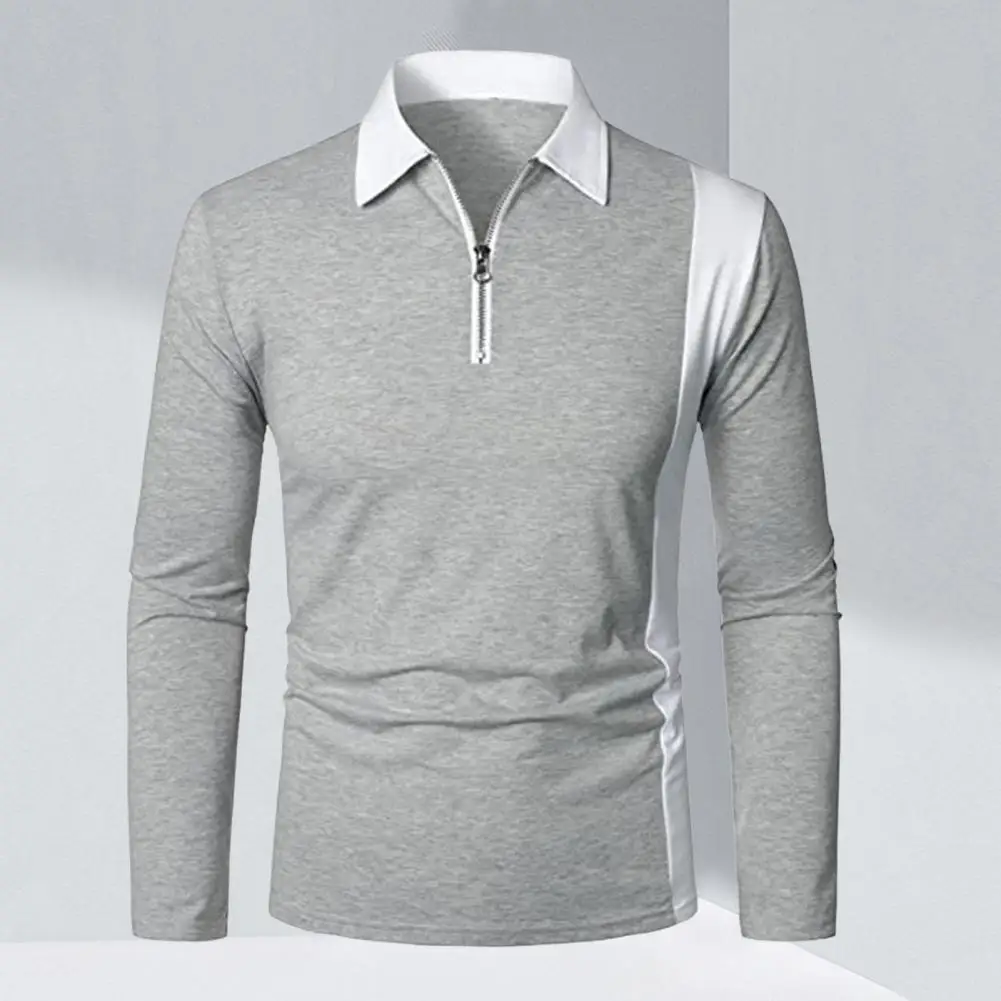 

50%HOTMen Shirt Contrast Colors Turn-down Collar Slim Fit Long Sleeve Pullover Lapel Patchwork Zipper Quick Dry Autumn Tops for