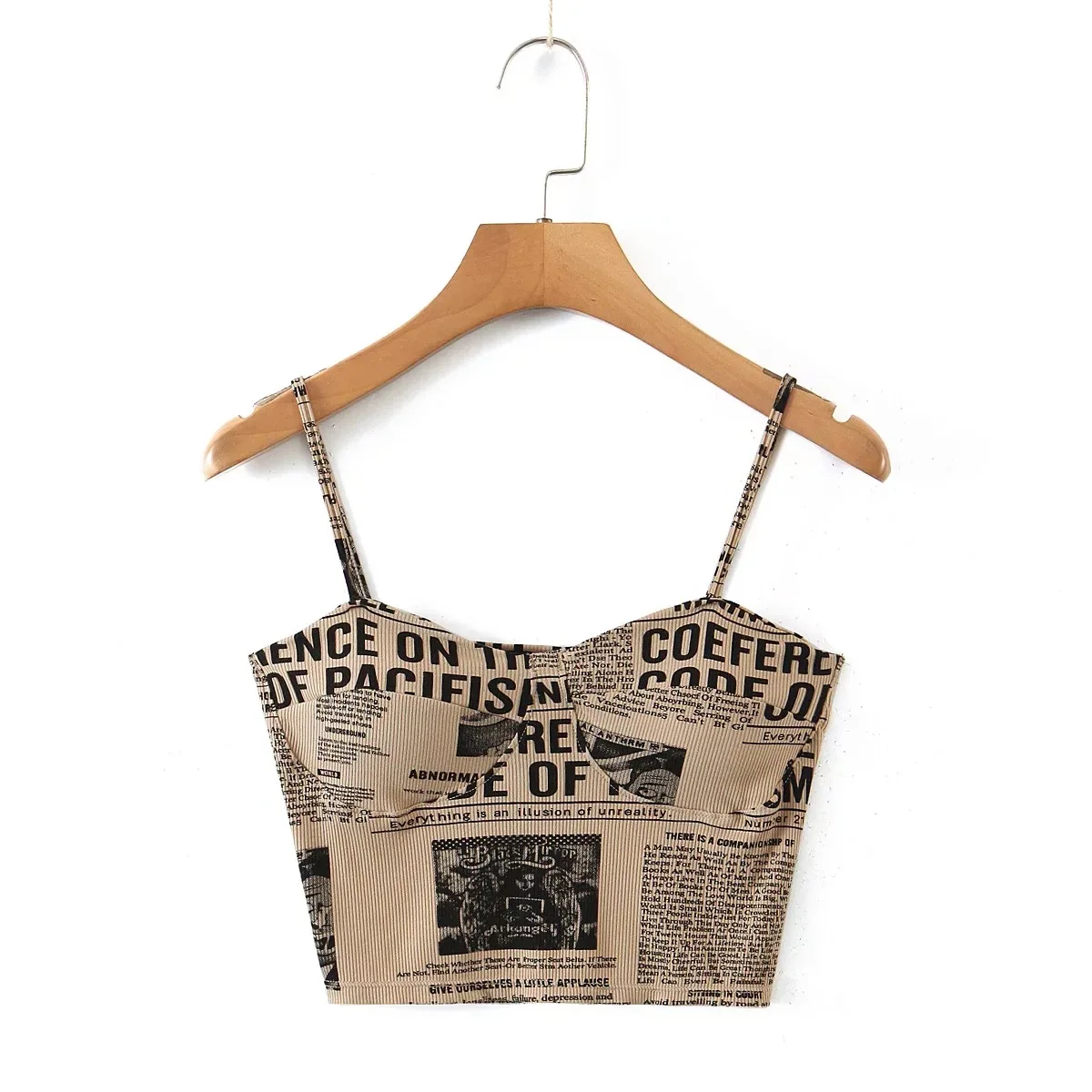 

Retro Newspaper Print Camisole 2022 Summer Top with Padded Breasts Harajuku Top Women