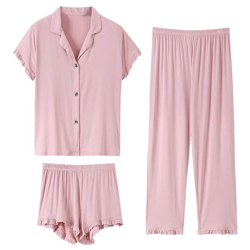 Pajamas Women's Summer New Modal Shorts Long Pants Set Cardigan Sense Thin Three-Piece Loungewear Comfortable Homewear