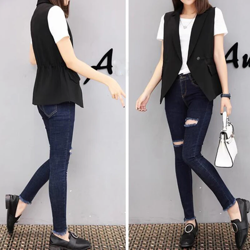 Женский жилет черный женский топ с отложным воротником без рукавов модный