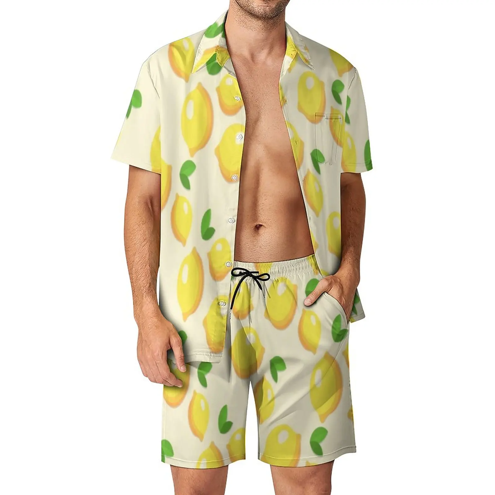 

Adorable Lemon Print Men Sets Fruits Pattern Retro Casual Shirt Set Short Sleeve Design Shorts Summer Beachwear Suit 2XL 3XL