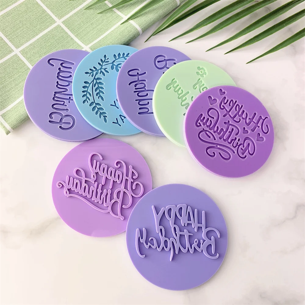 

Acrylic Cookie Embosser Mold Happy Birthday Pattern Cake Stencil Fondant Icing Biscuit Mold Baking Supplies Cake Decorating Tool