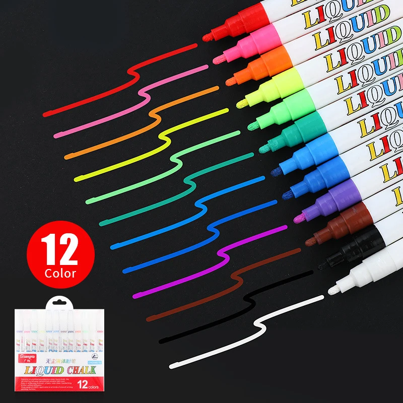 

12 Color/set Liquid Erasable Chalk Marker Pen For Glass Windows Blackboard Markers Teaching Tools Office Material White Pen
