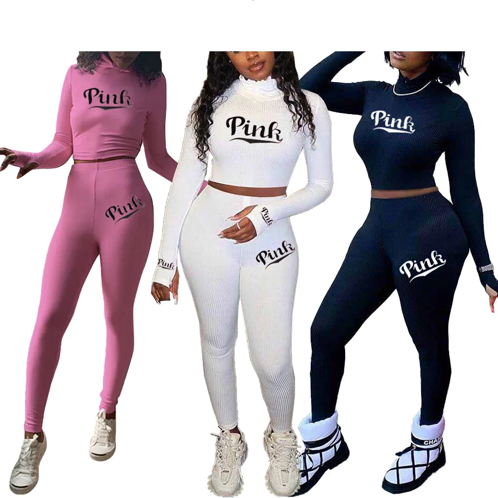 

Tops Pnats Yoga Women Pink Letter Print Slim Streetwear Push Up Workout Turtleneck Bodycon Crop Top Skinny Pants Sexy Outfit Set