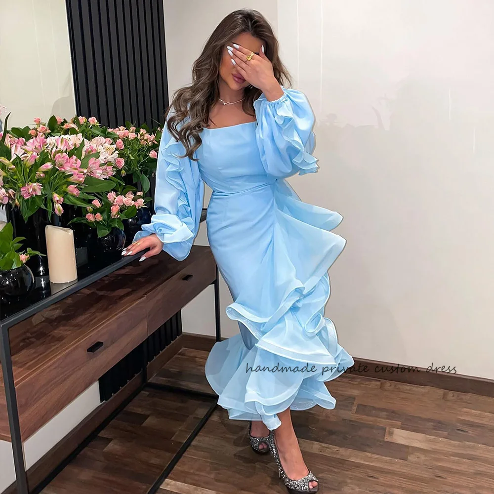 

Sky Blue Mermaid Evening Dresses Long Sleeve Tiered Organza Saudi Arabic Event Prom Dress Ankle Length Dubai Women Formal Gowns